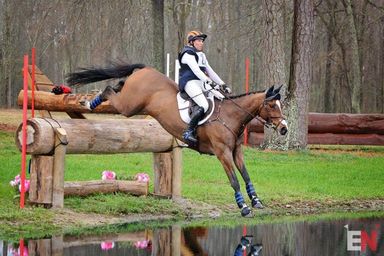 Niro flying into the water and stealing the Advanced win at Pinetop! PC: Jenni Autry for Eventing Nation